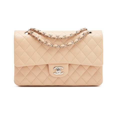 Chanel Medium Classic Double Flap, agneau matelassé Beige Clair, argenté