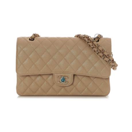 Chanel Medium Classic Double Flap, caviar irisé matelassé Beige, doré