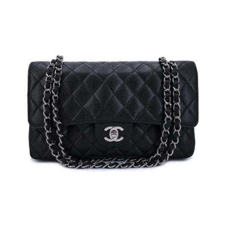 Chanel Medium Classic Double Flap, caviar matelassé Black, argenté