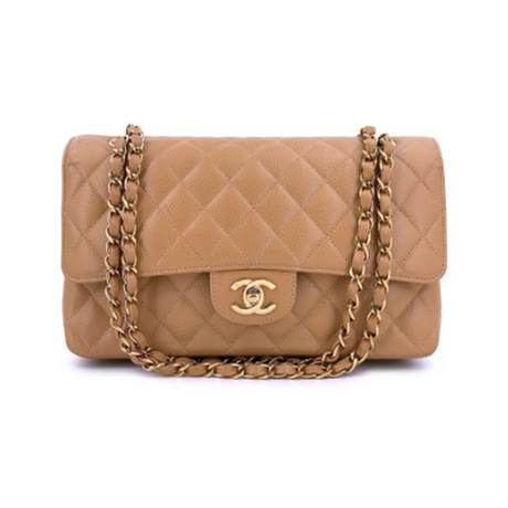 Chanel Medium Classic Double Flap, caviar matelassé Camel Beige, doré