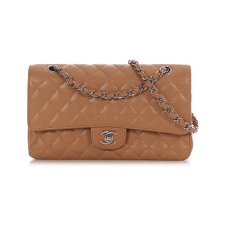 Chanel Medium Classic Double Flap, caviar matelassé Dark Beige, ruthénium