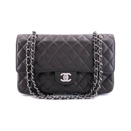 Chanel Medium Classic Double Flap, caviar matelassé Dark Brown, argenté