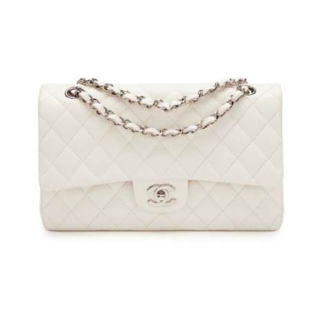 Chanel Medium Classic Double Flap, caviar matelassé Ivory White, argenté