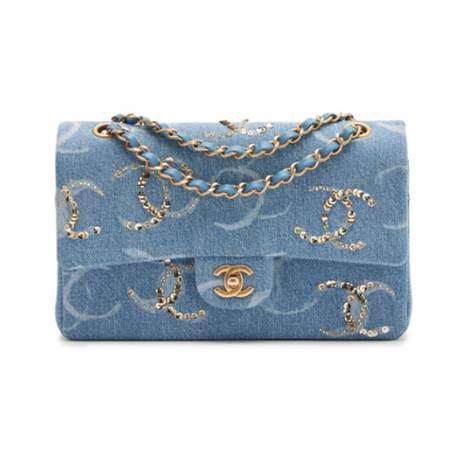 Chanel Medium Classic Double Flap, denim & sequins imprimé Blue CC, doré vieilli