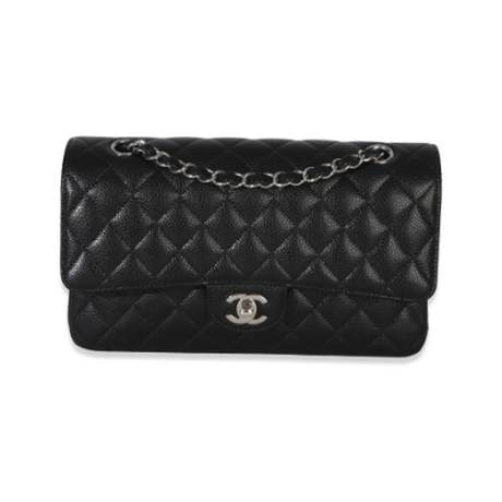 Chanel Medium Classic Double Flap Handbag, caviar matelassé Black, argenté