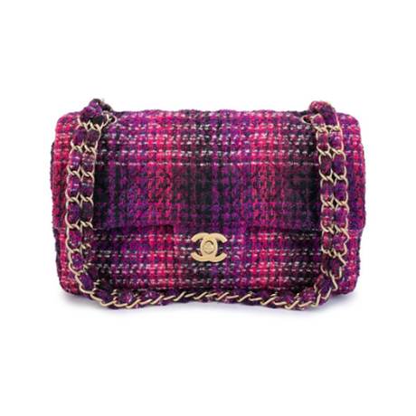 Chanel Medium Classic Double Flap, tweed fusionné Fuchsia Purple Chain, doré vieilli