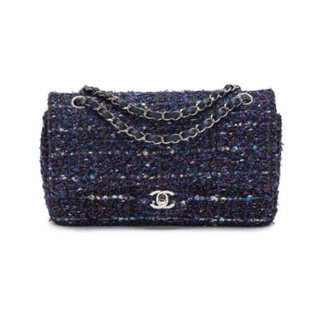 Chanel Medium Classic Double Flap, tweed matelassé Blue Purple Khaki Pink & Multicolor, argenté