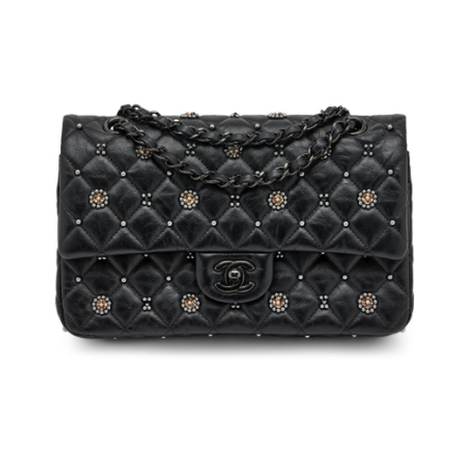 Chanel Medium Classic Double, veau matelassé froissé orné de bijoux perlé orné Black