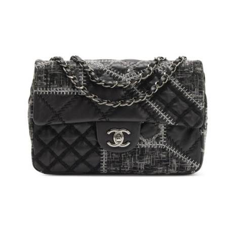 Chanel Medium Classic Single Flap, tweed & agneau Black & Multicolor Patchwork, argenté