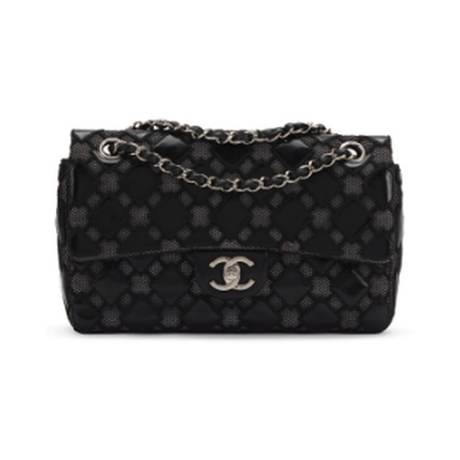 Chanel Medium Classic Single Flap, vinyle & maille matelassé Black, argenté