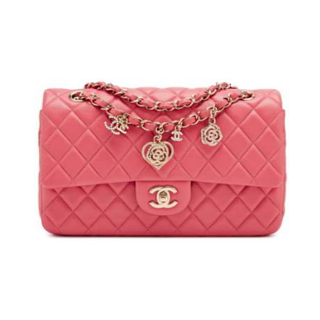 Chanel Medium Classic Valentine Charm Single Flap, agneau matelassé Pink, argenté