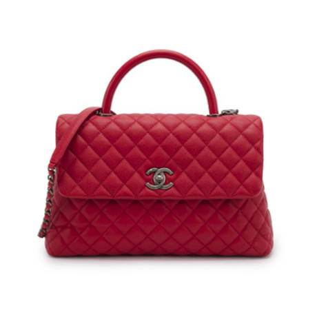 Chanel Medium Coco Handle Flap, caviar matelassé Red, ruthénium