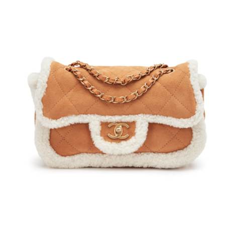 Chanel Medium Coco Neige Single Flap, shearling & daim matelassé Camel Beige, doré vieilli
