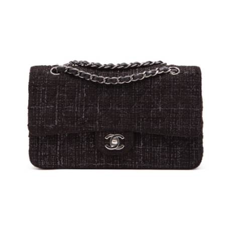 Chanel Medium Double Flap, tweed matelassé Black, argenté