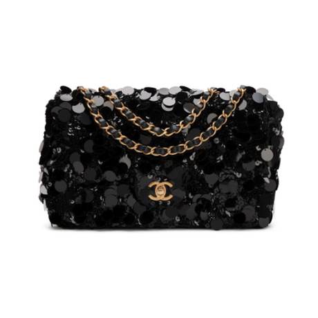 Chanel Medium Flap, sequins & satin & agneau Black & CC, doré vieilli