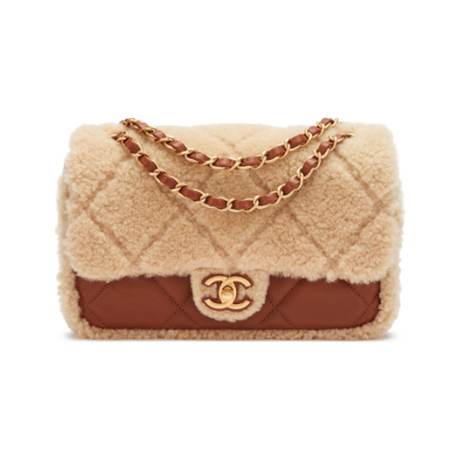 Chanel Medium Furry Coco, shearling & agneau matelassé Beige Teddy & Caramel Brown
