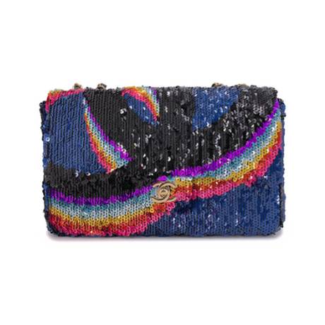 Chanel Medium Single Flap, sequins & agneau Rainbow & Blue, doré