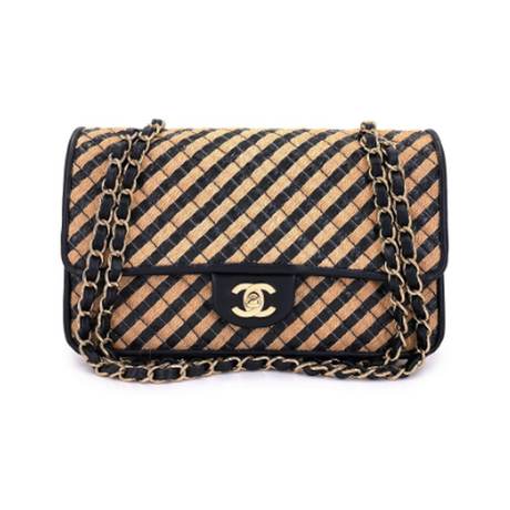Chanel Medium Urban Jungle Classic Flap, raphia & jute Black & Beige Stripe, doré