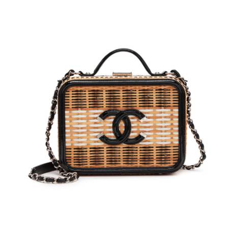 Chanel Medium Vanity Case, cuir verni & rotin & osier Black & Natural CC Filigree, argenté