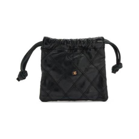 Chanel Micro Drawstring Coin Pouch, agneau matelassé Black CC, doré