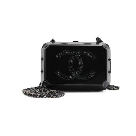 Chanel Minaudière Box Clutch, coton & plexiglas & strass Black Piqué, argenté