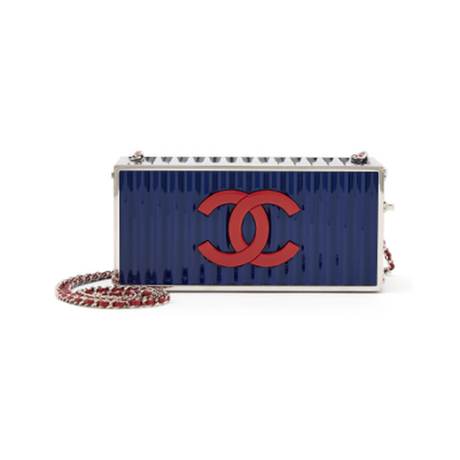 Chanel Minaudière, lucite Navy Blue Green & Dark Red Paris- Hamburg Shipping Container, argenté