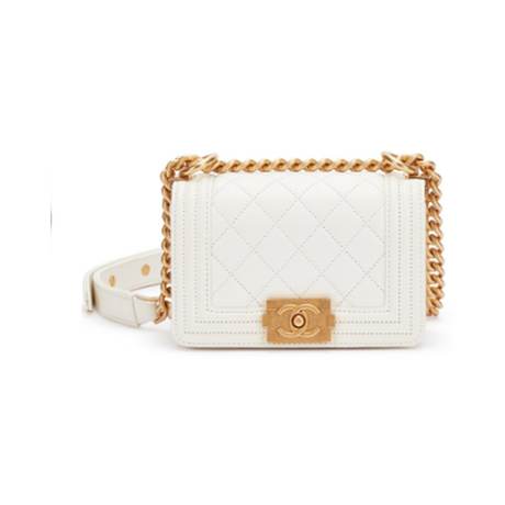 Chanel Mini Boy, caviar matelassé White, doré vieilli