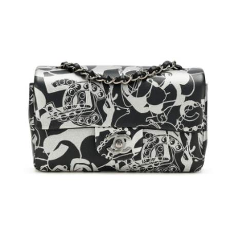 Chanel Mini Classic Flap, agneau imprimé Black & Silver, ruthénium