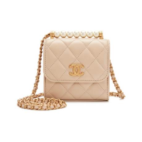 Chanel Mini Clutch avec chaîne, agneau & perles matelassé Beige Chic, doré vieilli