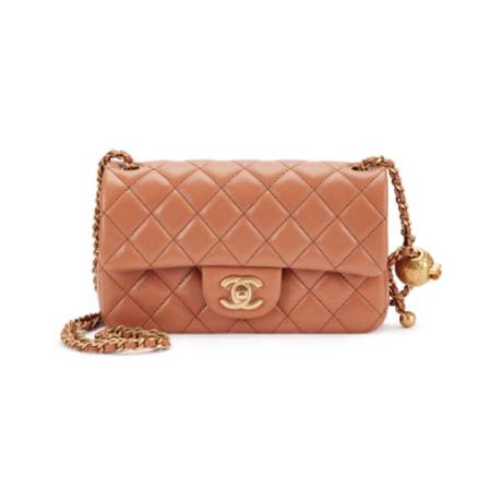 Chanel Mini Crush Flap, agneau matelassé & perles Brown, doré vieilli