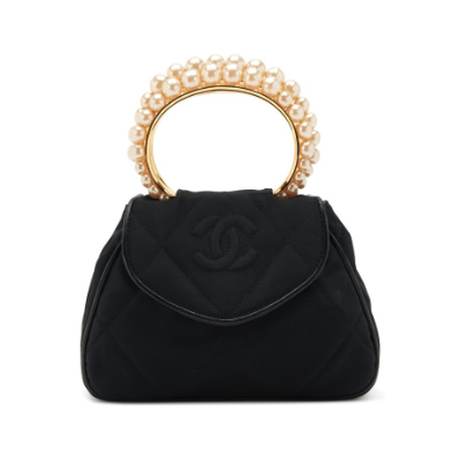 Chanel Mini Evening Flap, satin imitation Black Diamond Quilt Pearl! Bracelet Handle, doré