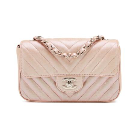 Chanel Mini Flap, caviar irisé chevron matelassé Rose Gold, argenté