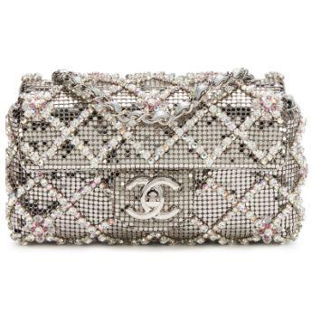 Chanel Mini Flap CC maille métal argenté & cristaux irisés