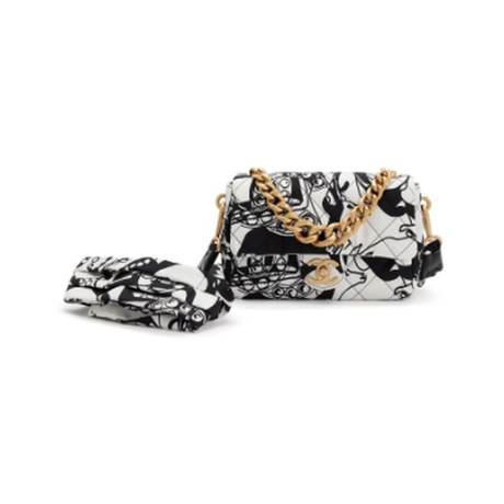 Chanel Mini Flap, tissu matelassé imprimé Black & White, doré