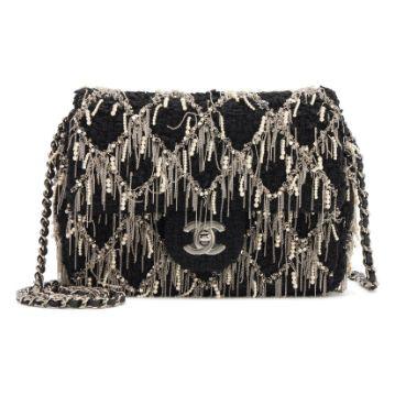 Chanel Mini Flap, tweed matelassé Black & franges de perles, argenté