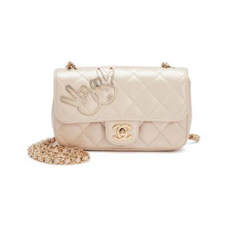 Chanel Mini Rectangular Classic Single Flap, agneau & strass matelassé Light Gold & V for Victory