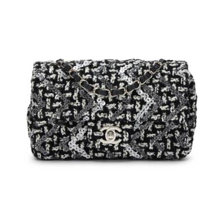 Chanel Mini Rectangular Classic Single Flap, tweed & sequins Black & White, argenté