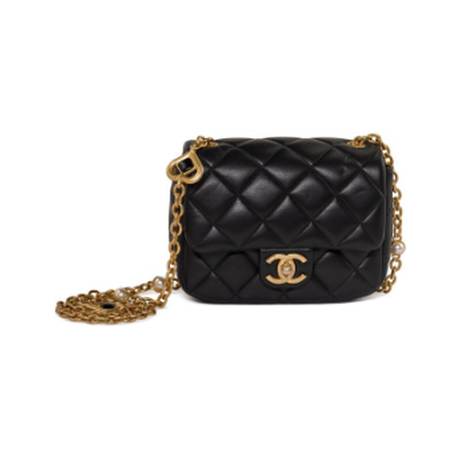 Chanel Mini Rectangular Gemstone & Heart Chain, agneau matelassé imitation & perles Black