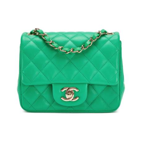 Chanel Mini Square Classic Single Flap, agneau matelassé Green, doré clair