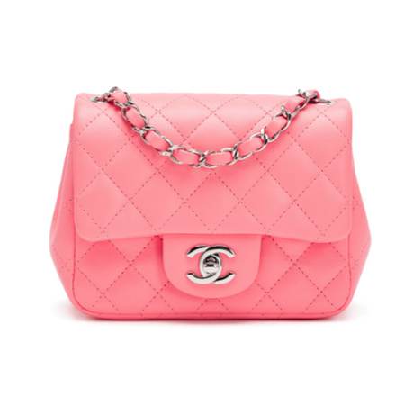 Chanel Mini Square Classic Single Flap, agneau matelassé Neon Bright Pink, argenté