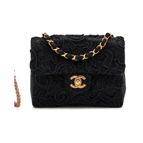 Chanel Mini Square Classic Single Flap, dentelle & satin Black, doré