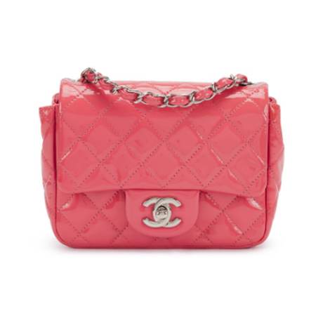 Chanel Mini Square Flap, cuir verni matelassé Pink, argenté
