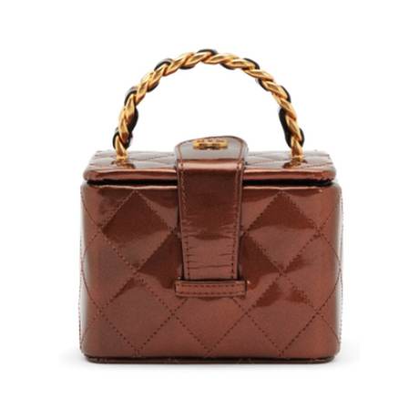 Chanel Mini Square Vanity Case, cuir verni métallisé matelassé Bronze, doré antique