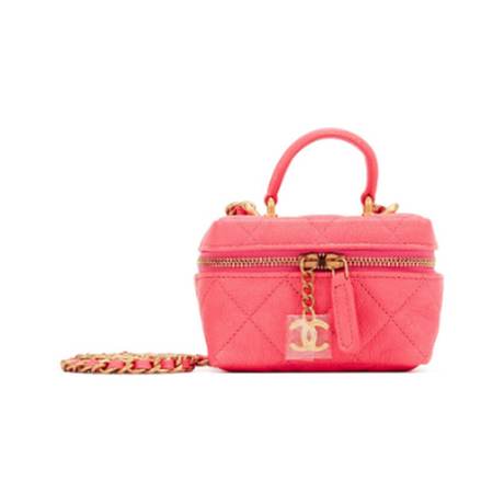Chanel Mini Vanity Case avec chaîne, veau matelassé grainé Pink, doré
