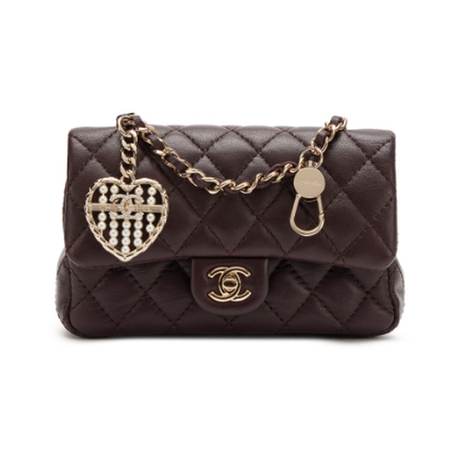Chanel Nano Classic Double Flap Charm, agneau matelassé Dark Brown, doré clair