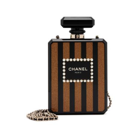 Chanel Perfume Bottle Minaudière, plexiglas & perles imitation orné Black & Gold Glitter, doré