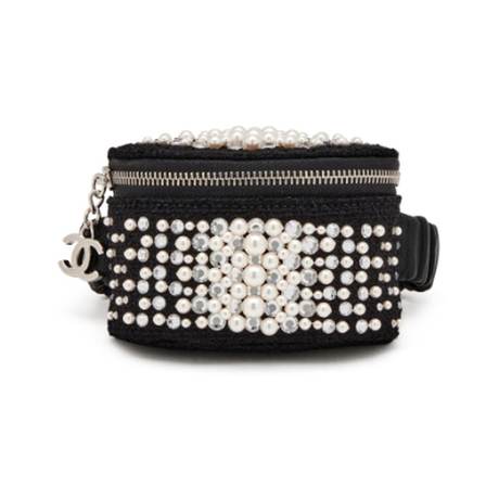 Chanel Pouch, tweed & perles & strass imitation Black & Arm Band, argenté