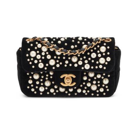 Chanel Rectangular Mini Classic Flap, velours & perles imitation orné Black, doré vieilli