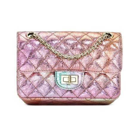 Chanel Reissue 2.55 224 Single Flap, veau métallisé matelassé vieilli Rainbow, doré