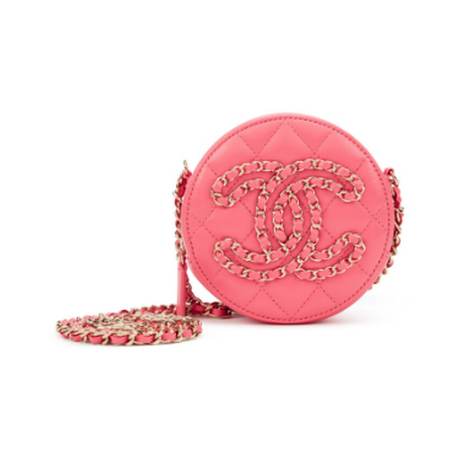 Chanel Round Clutch avec chaîne, agneau & cuir matelassé Pink CC, doré
